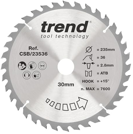 Trend Wood Circular Saw Blade 235mm 36T 30mm Bore, TCT, Medium Finish | For Clean Wood Cutting With A Medium Finish, 36 Teeth And 15° Hook Angle For Faster Feed, CSB/23536