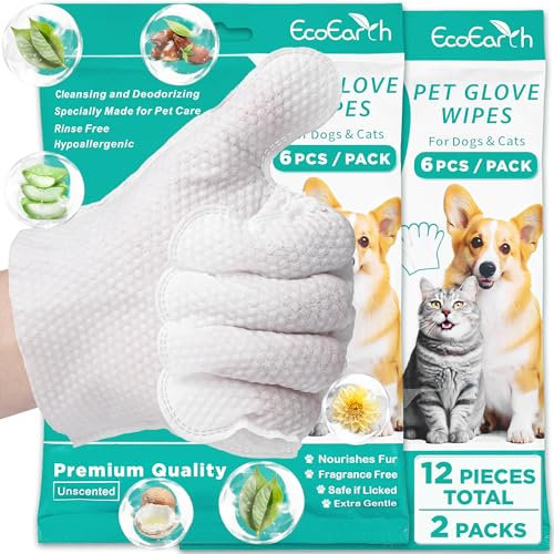 EcoEarth - Lingettes Premium pour chiens et chats - 12 gants - Gant de toilette jetable pour le bain et le toilettage - Nettoyage des pattes et du corps