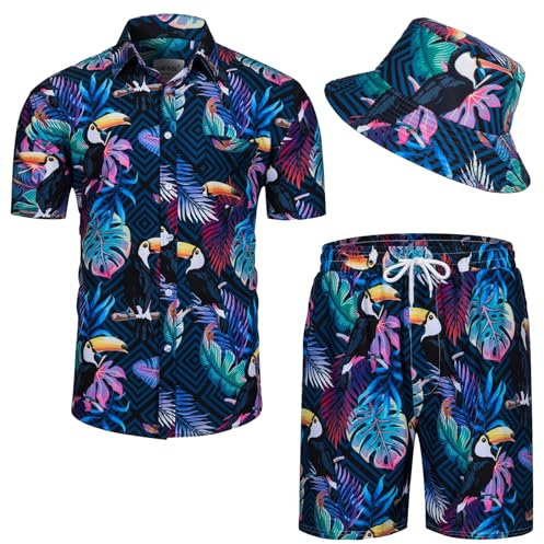 Harsever Chemise hawaïenne pour homme - Manches courtes - Flamant rose - Short d'été - Chemise hawaïenne et short de plage, bleu, XL