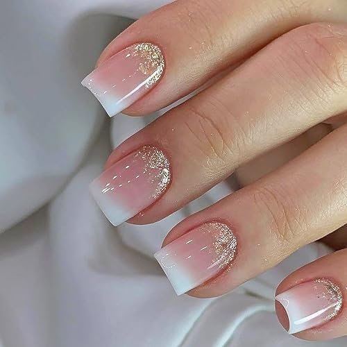 24 Stück Pink Gold Glitzer Ombré Kunstnägel - Vollabdeckung Nägel zum Aufkleben - Fake Nails Fingernägel zum Aufkleben Acryl Full Cover für Frauen Mädchen Nail Art Maniküre (Rosa Gold)