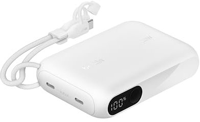 Belkin Portable Charger, USB-C Power Bank 10K 10,000mAh w/ 2 USB-C Ports, Slim, Display Shows Battery Level, 20W for iPhone 16, 15 Series, Samsung Galaxy S25, S24, Pixel 9, iPad, & More - White