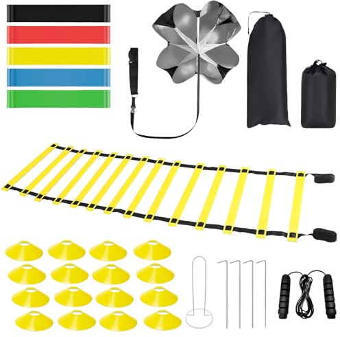 Agrdeed Fußball Trainingsset Pro, Koordinationsleiter 8m Agility-Leiter (16 Sprossen) mit 16 Hütchen, 5 Widerstandsbänder, Springseil, Widerstandsfallschirm Für Kinder & Erwachsene Geschenke Jungen