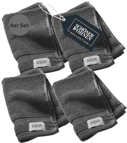 SCHÖNER WOHNEN 4er Set Premium Gästehandtuch 30x50 cm - saugstark - Luxus Handtücher Anthrazit 4teilig - 100% Baumwolle - flauschig weich - als Handtuch-Set kombinierbar - Frottee Kinder - Öko-Tex