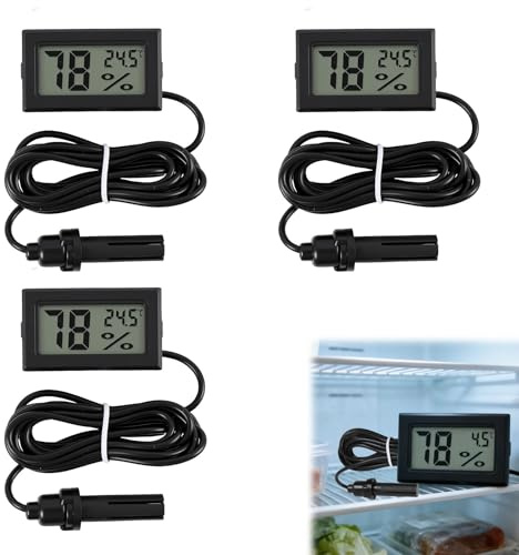 3 Pcs Digital Thermometer Hygrometer, Probe Thermometer Hygrometer, Mini Temperature Humidity Meter with Probe LCD Display for Incubator Reptile Tank Greenhouse Office Living Room Storage Monitoring