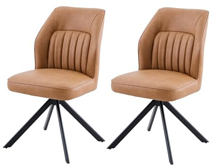 Hela Tische, 2er Set Esszimmerstuhl Drehstuhl Prizzi, Kunstleder Cognac, Dickes Rückenpolster, 360° drehbar, Oval-Rohr-Gestell, 120kg belastbar