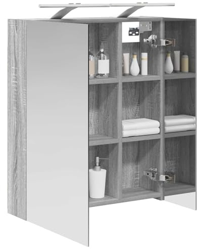 vidaXL Badezimmerspiegelschrank Graues Sonoma 60 x 14,5 x 70 cm, Badezimmermöbel, moderner, rechteckiger Aufbewahrungsschrank, Wandspiegel, verstellbare Regale, praktisch