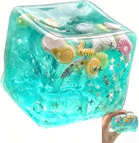 Taba Squishy, Würfel im Ozean-Design – Weiches Quetschspielzeug mit Muscheln, Fischen & Glitzer – Sensorik Fidget Toys für Kinder & Erwachsene zum Stressabbau, AHDS Spielzeug, 5,5 cm (Blau)