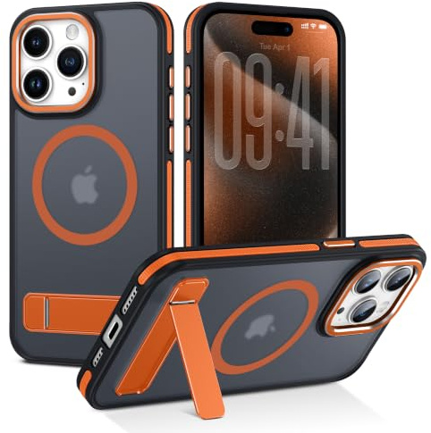VENINGO for iPhone 15 Pro Max Case, Built-in Invisible Stand [Compatible with MagSafe] [Military-Grade Protection] Fingerprint-Proof Matte Translucent Slim Case with [Grippy Stripes], Orange