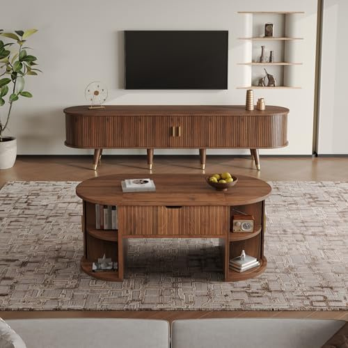 staronce TV Schrank Lowboard 175/100 cm mit Schiebetüren & Hubplatte, 2-teiliges Wohnzimmerset aus MDF, Mid-Century TV Board mit Couchtisch, Nussbaum