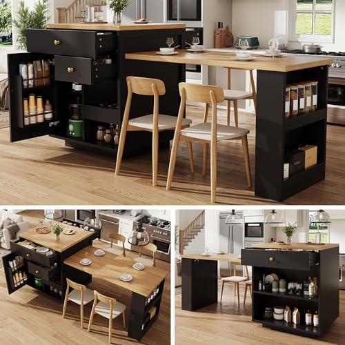 DHHU Îlot Central Cuisine Multifonctionnel avec Plan de Travail Extensible, Meuble de Cuisine avec Rangements et Porte-Bouteilles, 122,5-195,5 cm, Noir