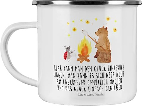 Mr. & Mrs. Panda Camping Emaille Tasse Bär & Marienkäfer Lagerfeuer - Geschenk, Teddybär, Teddy, Campingbecher, Blechtassen, Campingtassen, Emaille