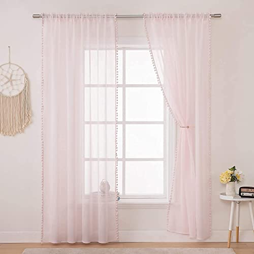 MIULEE Vorhang mit Pompons-Hübsche Rosa Gardinen für Kinderzimmer Mädchen, 2 Stücke Transparent Gardinen mit Pompons für Mädchenzimmer, Durchsichtig Vorhang mit Bommeln, Jeder H 225 X B 140cm