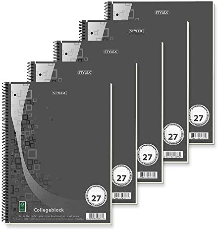 Stylex 43877-P5 - Collegeblock Premium liniert, 5 Stück, DIN A4, 80 Blatt, 90 g/m² Papier, Spiralbindung