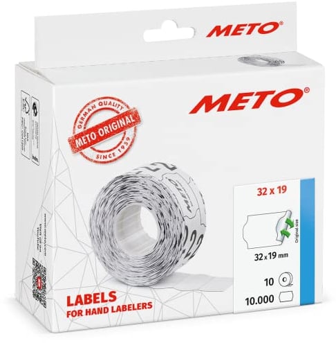 Meto Etiketten für Handauszeichner (32x19 mm, 2-zeilig, 10.000 Stück, weiß, wiederablösbar, für METO, Contact, Sato, Avery, Tovel, Samark etc.)