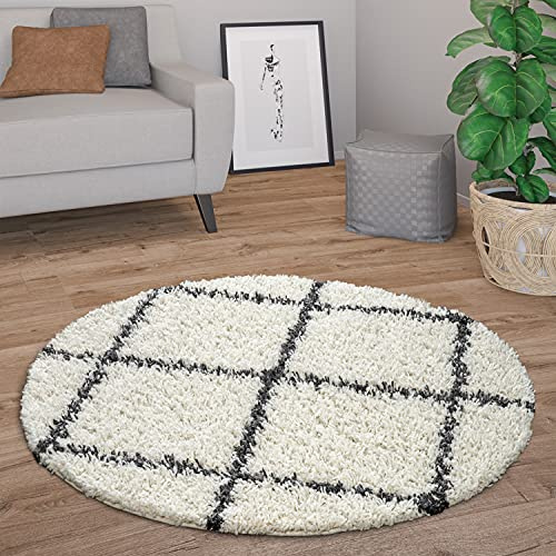 Paco Home Hochflor Teppich Rund Wohnzimmer Schlafzimmer Modern Shaggy Skandinavisch Kleine Rauten, Grösse:160 cm Rund, Farbe:Creme