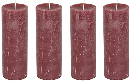 Stumpenkerzen Rustic 4er Set - Stumpenkerze, Blockkerze, Kerze, Adventskranz, Advent - Kein Ruß - Brenndauer: 95 Std. - viele Farben - 7x19 cm (Weinrot)