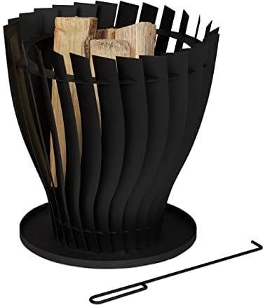 Relaxdays Feuerkorb, runder Brennkorb mit Schürhaken, H x D: 42 x 40 cm, Feuerschale Stahl, Garten & Terrasse, schwarz