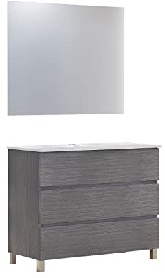 Baikal Conjunto de Mueble de Baño Neo con Espejo Luna Lisa, Tres Cajones o Dos Puertas, Mueble con Patas. Varios Acabados y Medidas. Melamina 16mm. Mueble MONTADO. 3c 100 Ceniza