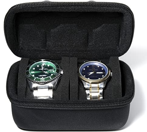 AUKURA Custodia rigida da viaggio per orologi a 2 scomparti, per uomini e donne, con cuscino anti-movimento (tessuto nero 2 slot)