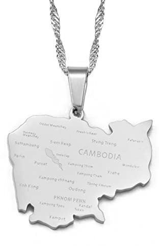 Stylish-Art Kambodscha-Karte,Halskette,Kambodscha-Karte,Anhänger,Geometrisches Schmuck-Amulett Für Damen Und Herren,Patriotische Ornamente,Schmuck,Silber,45 cm Kette