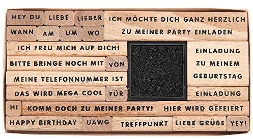 Stempelset Einladung zur Party, Texte Deutsch, 22teilig