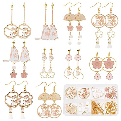 SUNNYCLUE 1 Box DIY 10 Pairs Cat Charms Flowers Flower Charm Japanese Style Earrings Making Starter Kit Flat Round Hollow Charm Fan Charms Tassels for jewellery Making Kits Spring Earrings Adult