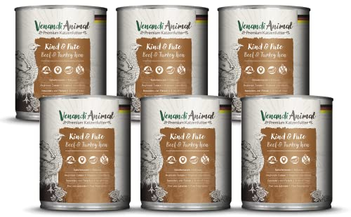 Venandi - Premium Nassfutter für Katzen - Rind & Pute, 6 x 800g (6er Pack), getreidefrei mit extra viel Fleisch