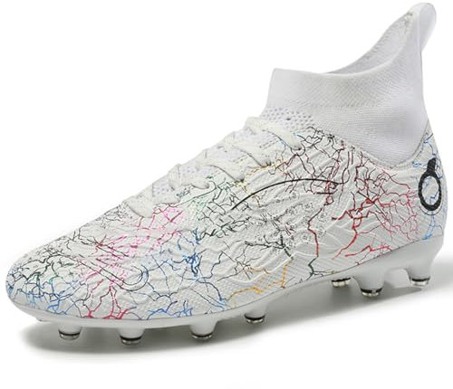 MIGPOGZAI Men's Soccer Shoes High-Top Soccer Cleats Outdoor Breathable Athletic Professional Spikes Youth Boys Football Shoes Unisex, White, 4.5 UK