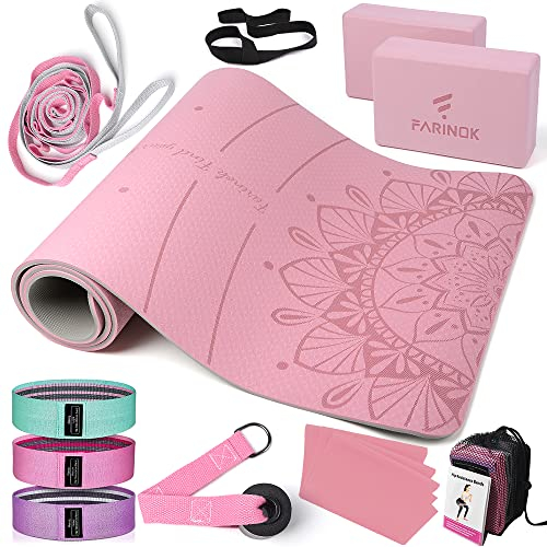 1/3 rosa Yogamatte, dick, Yoga-Set für Anfänger, enthält hochdichte rosa Yogamatte mit Multi-Schlaufen-Gurt, Blöcken, Widerstandsband-Set, Türanker, Trageriemen