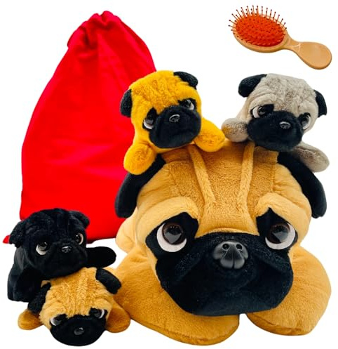 Soft toys for Girls Boys - Huggable Stuffed Animals for Kids – Soft Toy Set Dog Mummy Pug with 4 Cute Baby Puppies zipped in her Tummy Pretend Play – Super Cuddly Toy Pillows for girls – Birthday Gift