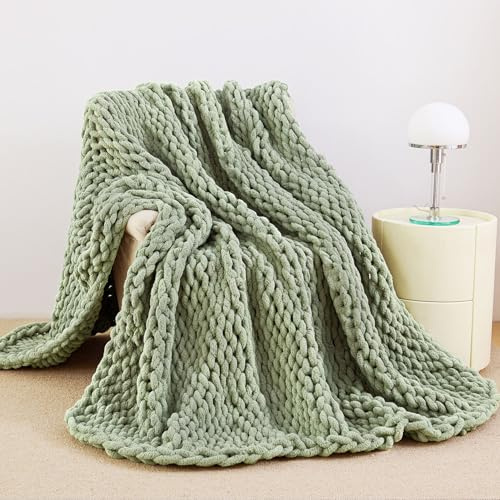 Admitrack Chunky Knit Blanket Throw, 100% Hand Knit Chenille Throw Blanket for Sofa & Home Decor, Soft and Cozy Knitted Throw Blankets (Sage Green,40x50)