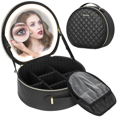 Aiborke Travel Makeup Bag with Led Mirror Make up Case with Lighted Mirror Cosmetic Organizer Bag with Adjustable Dividers and 5X Magnifying Mirror Makeup Box Organizer Vanity Case for Women,