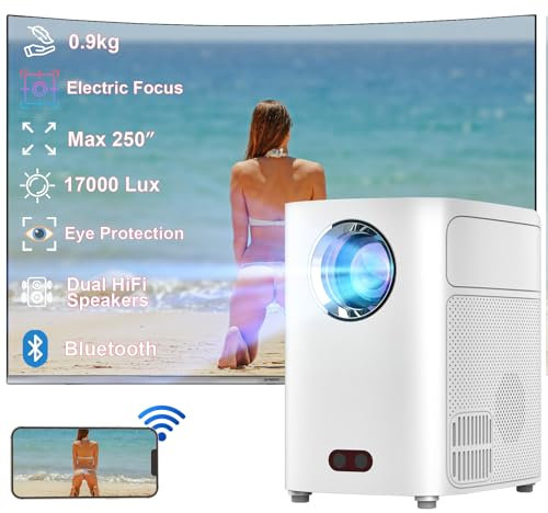 Autofokus Beamer, 17000Lux Android 11 Intelligenter Augenschutz Tragbarer Beamer 4k Heimkino, Max 250 Dual Hi-Fi Smart Projector Lautsprecher 0.9kg Bluetooth Beamer Heimkino Handy (Q1)
