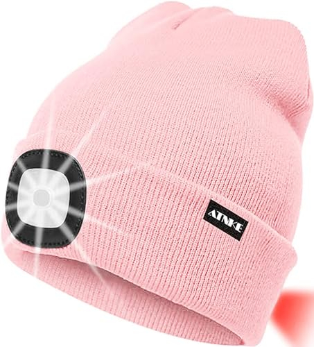 ATNKE 8LED beleuchtete Strickmütze, wiederaufladbare USB-Scheinwerferkappe mit extrem Heller, wasserdichter Lampe und Blinkender Alarm Rotes Rücklicht Multi-Color/Light Pink