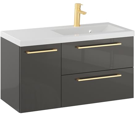 Furni Rosen 90 cm Hängend Waschbecken mit Unterschrank und Gebürsteten Goldenen Griffen Waschbeckenunterschrank Badezimmer Waschtisch mit Unterschrank Waschtischunterschrank