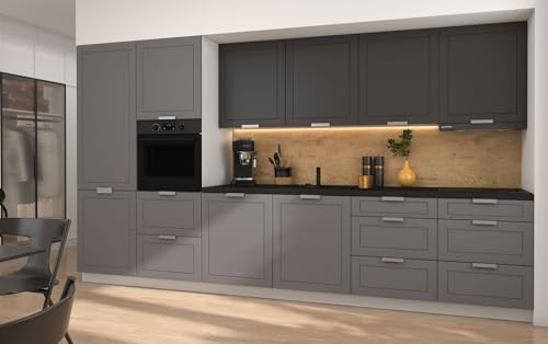 Feldmann Preiswert Wohnen Küchenzeile KVANTUM mit Arbeitsplatte 360cm weiß MDF dust Grey grahpit matt REJS Vollauszug