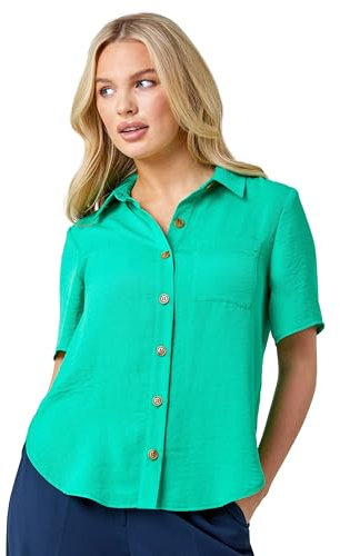 Roman Originals Short Sleeve Shirt for Women Ladies Cotton Blouse Button Tunic Printed Top Work Smart Casual Going Out Work Office V Neck Everyday Evening Event - Petite Green - Size 12