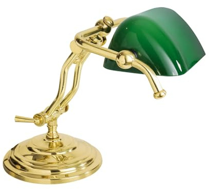 Licht-Erlebnisse Bankerlampe Glas Echt-Messing massiv H: 23 cm verstellbar E14 in Messing poliert Grün Jugendstil Tischleuchte Schreibtischlampe Arbeitszimmer