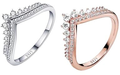 TOFBS 2 Stück Crown V-Form Ringe Set 925 Sterling Silber Cubic Zirconia Ring Freundschaftsringe Promise Rings Stapelbare Daumenring Schmuck Sets Geschenk Für Damen Frauen (56)