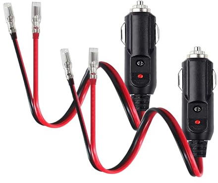 2 Pcs Car Cigarette Lighter Male Plug with Leads, 12V/24V Replacement Male Plug to Bullet Female Terminal Car Adapter Dc Battery Charger 12inch Lead Cable with LED Indicator, 15A Fuse Protection
