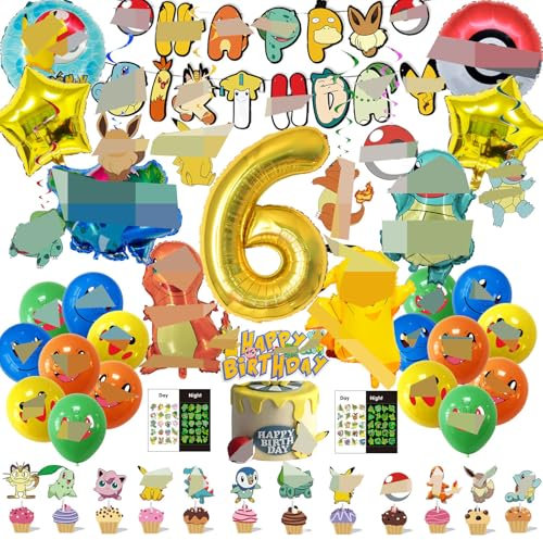 Ensemble de fête d'anniversaire pour enfants, Décoration anniversaire enfant 6 ans, Comprend décoration Gâteau, Bannière, Ballon numéroté, Figurines suspendues, Autocollants de tatouage, Ballons
