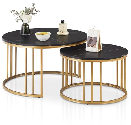 LEMROE Couchtisch 2er Set Rund,Wohnzimmertisch Modern Satztisch Set,Beistelltisch mit Marmoreffekt und Metallrahmen fürs Wohnzimmer Schlafzimmer Balkon (Schwarz + Schwarz)