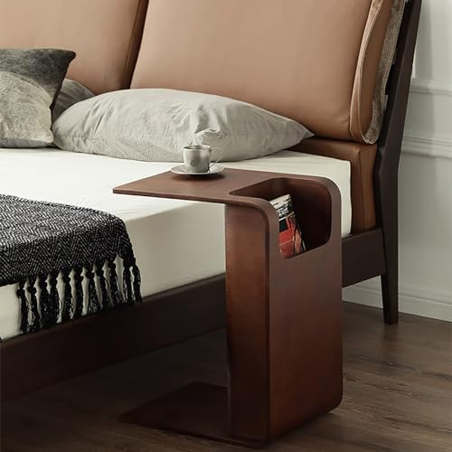 FAANAS Bauernhaus C Tisch Sofatisch, Schlanke Schmale Hölzerne Beistelltisch mit Lagerung Moderne Couchtisch Tv Tablett Tisch Nachttisch für Wohnzimmer Schlafzimmer, Walnut