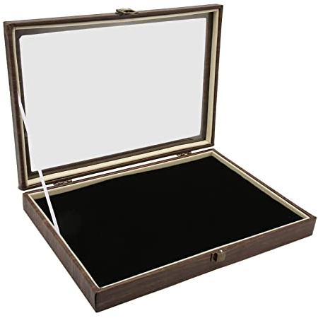 Medaillen-Vitrine, schwarze Aufbewahrungsbox mit Glasdeckel, PU-Leder, Pin-Vitrine für Abzeichen, Schmuck und mehr, mit Metallverschluss