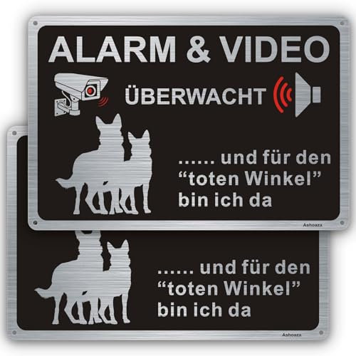 Ashoaza Schild Alarm und Videoüberwachung, Hund Schild Aluminium 30x20, Warnung vor dem Hund Schilder Metall, 2 Stück Achtung Videoüberwachung Schilder, Kamera Überwachung