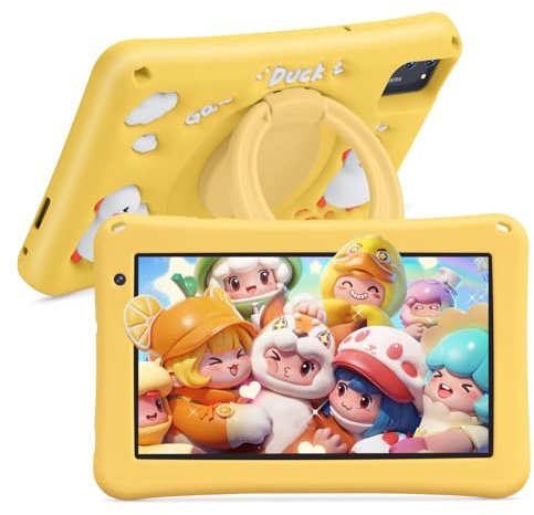 BISAIKASOW Tablet 7 pollici Android 13, 8GB (4+4GB) RAM + 64GB ROM, controllo genitori, software per bambini preinstallato, 6000mAh, con custodia EVA (Giallo)