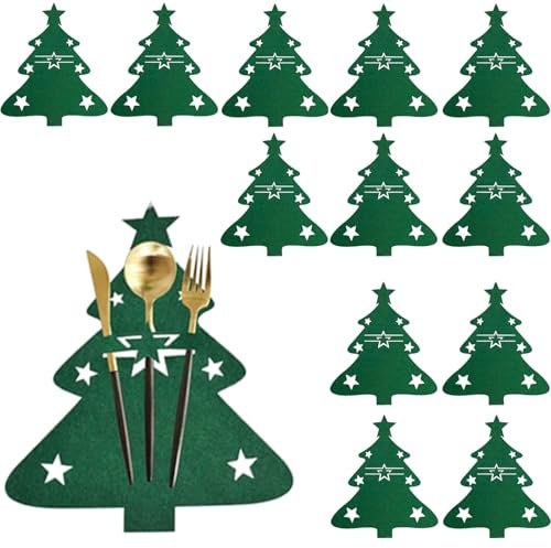 12PCS Green Felt Cutlery Holder Set, Lovely Christmas Felt Tableware Bags, Knifes Forks Bags