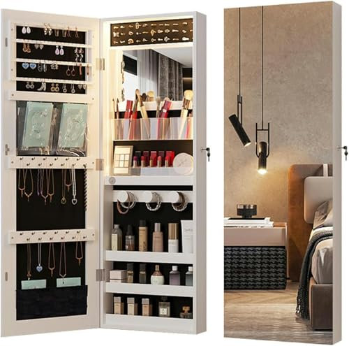 Armoire de rangement pour bijoux,armoire penderie avec miroir et lumières,organisateur de rangement multifonctionnel pour bijoux avec crochets pour montage mural,montage sur porte,chambre à coucher,