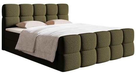 Selsey Bett Boxspringbett Doppelbett 180 x 200 cm Mit 2 Bettkasten Topper Matratzentopper Bonell Matratze Härtegrad H2 H3 Boucle Gewebe Reißfest Olivfarbenes Cloudy