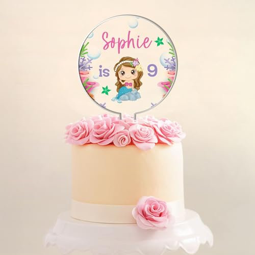 Personalised Mermaid Birthday Cake Topper – Custom Name & Age – Acrylic Cake Decoration for Kids Party – Colourful Celebration Cake Accessory – Under Sea Cake Decor for Children’s Birthday (Mermaid)